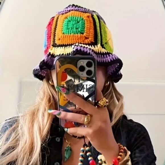 Crochet Hat Colorful Handmade Plaid Sun Hat - Picture 12 of 12